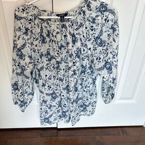 Chaps Women's White & Navy Floral Peasant Blouse